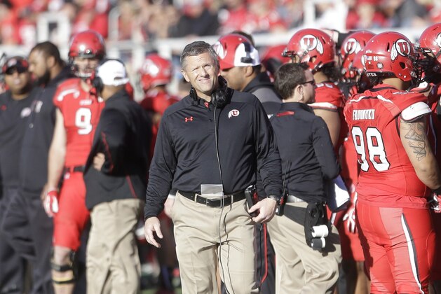 Utah head coach Kyle Whittingham looks on in the second half during an NCAA college football game against Colorado Saturday, Nov. 30, 2013, in Salt Lake City. Utah won 24-17. (AP Photo/Rick Bowmer)