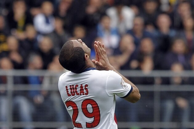 Paris Saint Germain's Lucas Rodrigues Moura Da Silva reacts during their French League One soccer match against Sochaux, in Sochaux, eastern France, Sunday, April 27, 2014. (AP Photo/Laurent Cipriani)