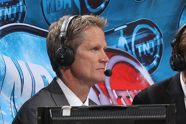 MEMPHIS, TN - MAY 3: TNT Sports analysts Steve Kerr and marv albert give color commentary on the  Memphis Grizzlies against the Oklahoma City Thunder in Game Six of the Western Conference Quarterfinals during the 2014 NBA Playoffs on MAY 3, 2014 at FedExForum in Memphis, Tennessee. NOTE TO USER: User expressly acknowledges and agrees that, by downloading and or using this photograph, User is consenting to the terms and conditions of the Getty Images License Agreement. Mandatory Copyright Notice: Copyright 2014 NBAE (Photo by Joe Murphy/NBAE via Getty Images)