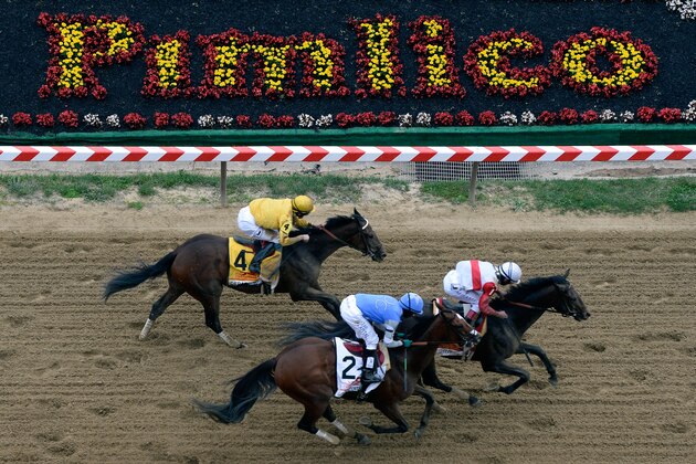 BALTIMORE, MD - MAY 18:  Orb #1, ridden by Joel Rosario, leads Glodencents #2, ridden by Kevin Krigger, and Departing #4, ridden by Brain Hernandez Jr., down the frontstretch at the start of the 138th running of the Preakness Stakes at Pimlico Race Course on May 18, 2013 in Baltimore, Maryland.  (Photo by Patrick Smith/Getty Images)