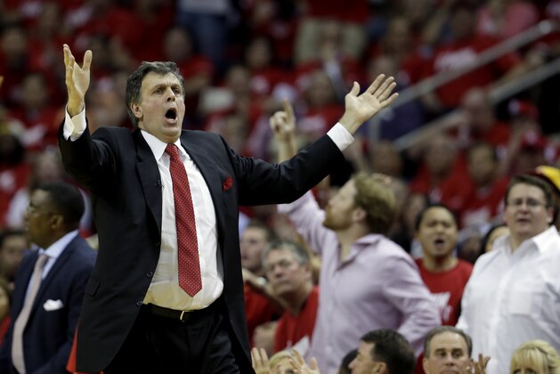 Houston Rockets coach Kevin McHale reacts to a call by the officials during the third quarter in Game 2 of an opening-round NBA basketball playoff series against the Portland Trail Blazers Wednesday, April 23, 2014, in Houston. Portland won 112-105. (AP Photo/David J. Phillip)