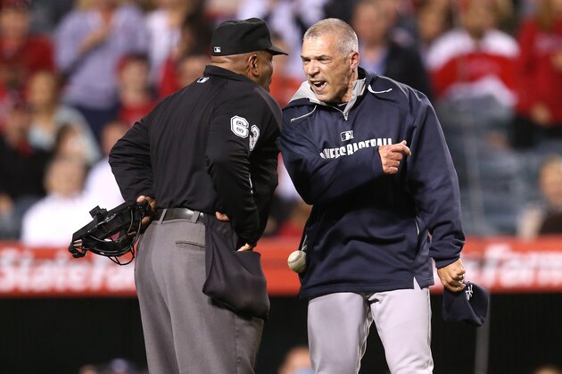 ANAHEIM, CA - MAY 05:  Manager Joe Girardi of the New York Yankees shouts at home plate umpire Laz Diaz after Girardi was ejected for arguing a strike call in the eighth inning against the Los Angeles Angels of Anaheim at Angel Stadium of Anaheim on May 5, 2014 in Anaheim, California.  (Photo by Stephen Dunn/Getty Images)