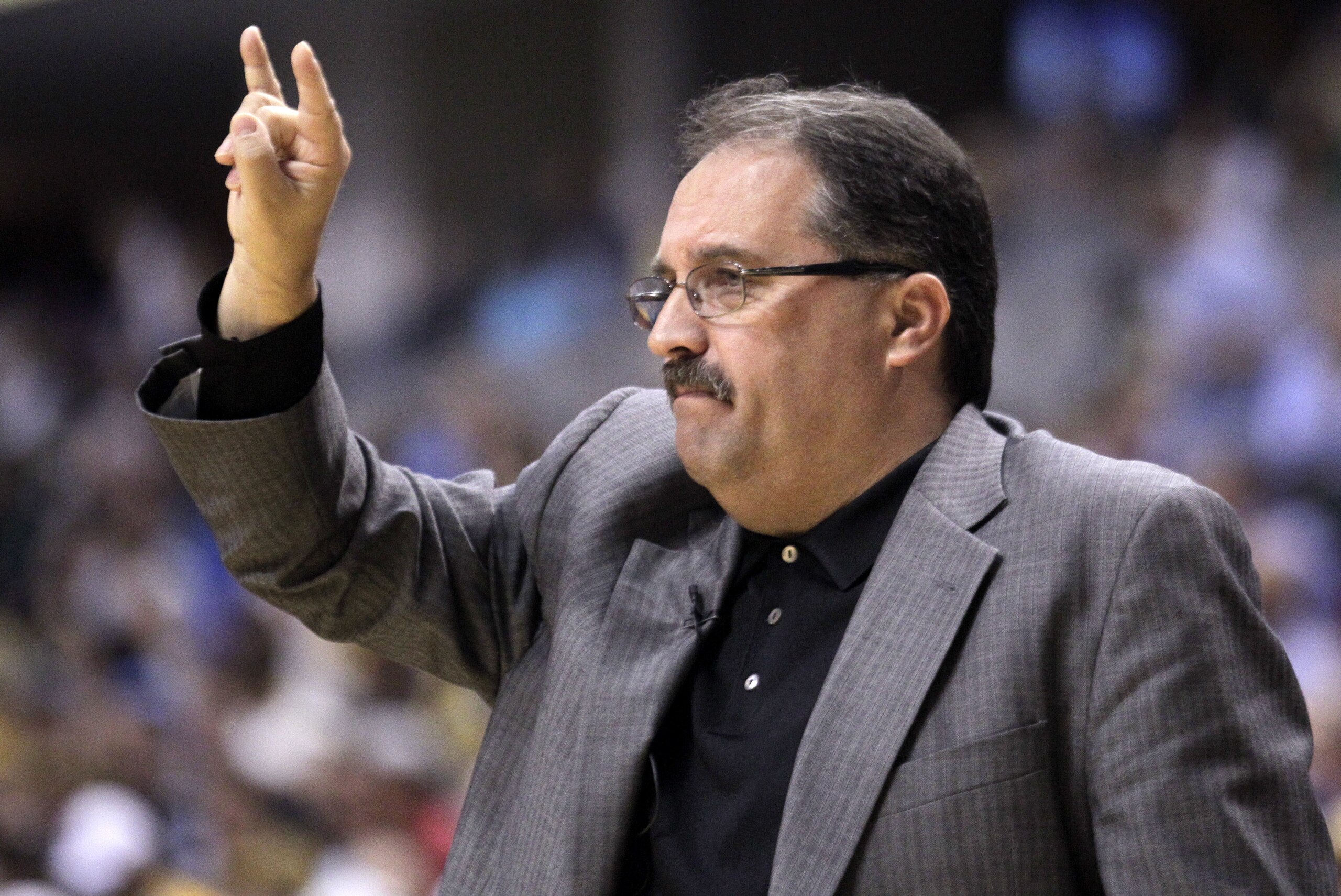 Orlando Magic coach Stan Van Gundy calls a play in the first half against the Indiana Pacers in Game 5 of an NBA basketball first-round playoff series, in Indianapolis on Tuesday, May 8, 2012. (AP Photo/Michael Conroy)