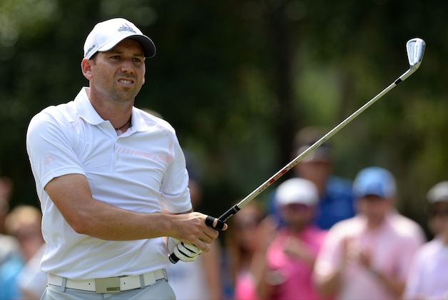 May 11, 2014; Ponte Vedra Beach, FL, USA; Sergio Garcia watches his tee shot on the 8th hole during the final round of The Players Championship at TPC Sawgrass - Stadium Course. Mandatory Credit: John David Mercer-USA TODAY Sports