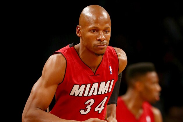 NEW YORK, NY - MAY 12:  Ray Allen #34 of the Miami Heat celebrates his basket in the fourth quarter against the Brooklyn Nets during Game Four of the Eastern Conference Semifinals during the 2014 NBA Playoffs at the Barclays Center on May 12, 2014 in the Brooklyn borough of New York City. The Miami Heat defeated the Brooklyn Nets 102-96. NOTE TO USER: User expressly acknowledges and agrees that, by downloading and/or using this photograph, user is consenting to the terms and conditions of the Getty Images License Agreement.  (Photo by Elsa/Getty Images)