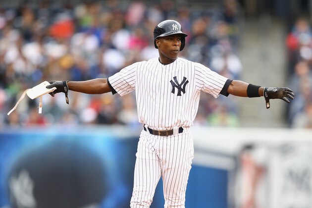 NEW YORK, NY - MAY 04: Alfonso Soriano #12 of the New York Yankees reacts after hitting a double against the Tampa Bay Rays  during their game at Yankee Stadium on May 4, 2014 in the Bronx borough of New York City.  (Photo by Al Bello/Getty Images)