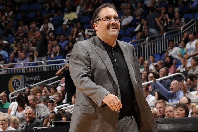 ORLANDO, FL - MARCH 21:  Stan Van Gundy of the Orlando Magic smiles as he walks back to the bench during the game against the Phoenix Suns on March 21, 2012 at Amway Center in Orlando, Florida. NOTE TO USER: User expressly acknowledges and agrees that, by downloading and or using this photograph, User is consenting to the terms and conditions of the Getty Images License Agreement. Mandatory Copyright Notice: Copyright 2012 NBAE  (Photo by Fernando Medina/NBAE via Getty Images)