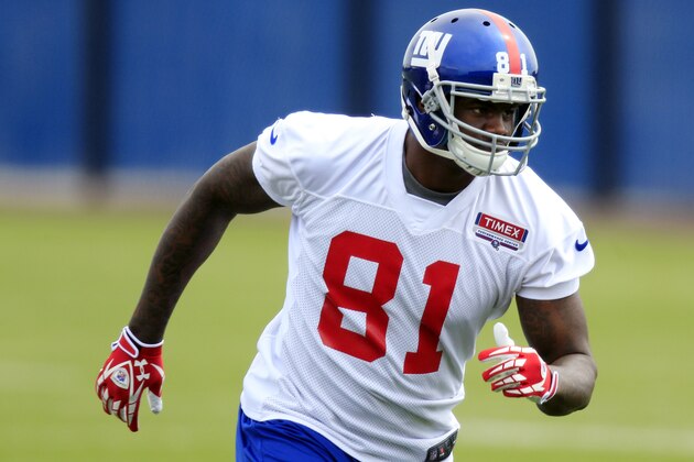 Tight end Adrien Robinson (81), fourth-round draft pick, runs a drill at the New York Giants' rookie minicamp in East Rutherford, N.J., Friday, May 11, 2012. (AP Photo/Mel Evans)