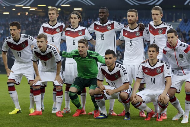 Team Germany pose prior to a friendly soccer match between Germany and Poland in Hamburg, Germany, Tuesday, May 13, 2014.  (AP Photo/Matthias Schrader)