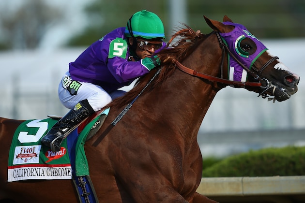 LOUISVILLE, KY - MAY 03:  California Chrome #5, ridden by Victor Espinoza, comes out of the fourth turn enroute to winning the 140th running of the Kentucky Derby at Churchill Downs on May 3, 2014 in Louisville, Kentucky.  (Photo by Andy Lyons/Getty Images)