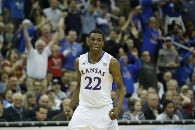 Kansas guard Andrew Wiggins (22) during overtime of an NCAA college basketball game against Oklahoma State in the quarterfinals of the Big 12 Conference men's tournament in Kansas City, Mo., Thursday, March 13, 2014. Kansas defeated Oklahoma State 77-70 in overtime. (AP Photo/Orlin Wagner)