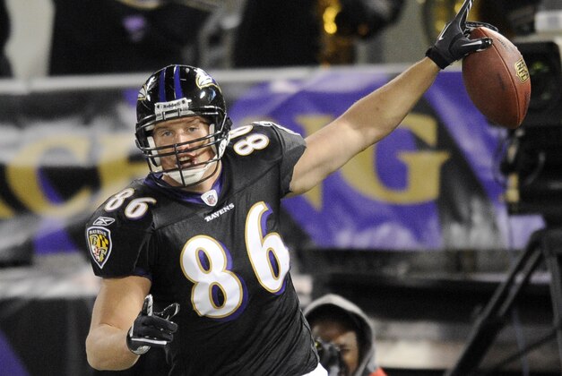 Baltimore Ravens tight end Todd Heap celebrates after catching a touchdown pass against the Tampa Bay Buccaneers during the first half of an NFL football game Sunday, Nov. 28, 2010, in Baltimore. (AP Photo/Nick Wass)
