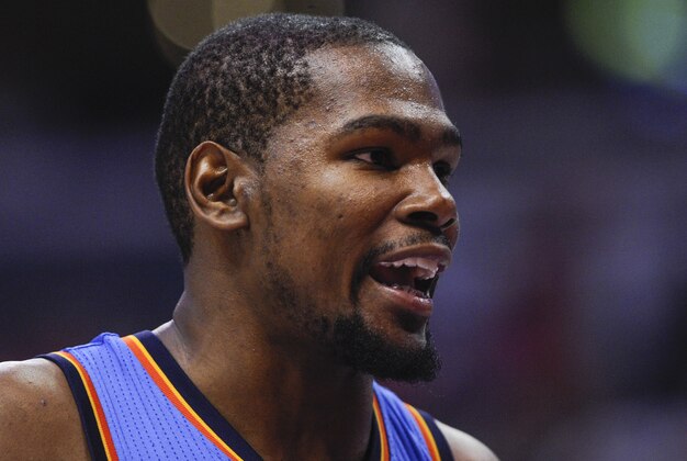 May 9, 2014; Los Angeles, CA, USA; Oklahoma City Thunder forward Kevin Durant (35) during the Thunders win over the Los Angeles Clippers in game three of the second round of the 2014 NBA Playoffs at Staples Center. Mandatory Credit: Robert Hanashiro-USA TODAY Sports