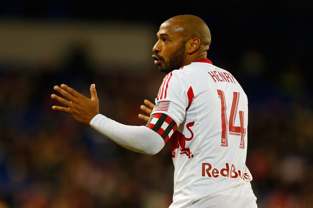 HARRISON, NJ - APRIL 16: Thierry Henry #14 of New York Red Bulls reacts duirng th egame against the Philadelphia Union at Red Bull Arena on April 16, 2014 in Harrison, New Jersey. Red Bulls defeated the Union 2-1.  (Photo by Mike Stobe/Getty Images)