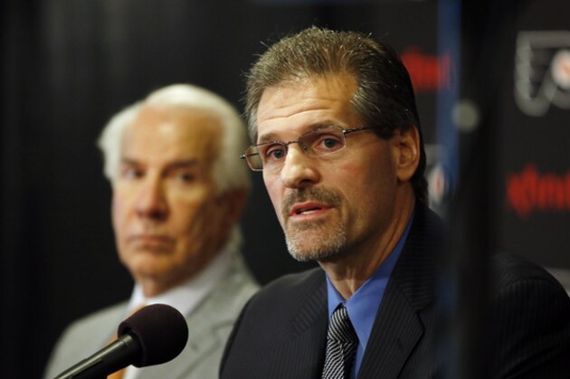New Philadelphia Flyers general manager Ron Hextall, right, speaks as chairman Ed Snider looks on during an NHL hockey news conference, Wednesday, May 7, 2014, in Philadelphia. (AP Photo/Matt Slocum)