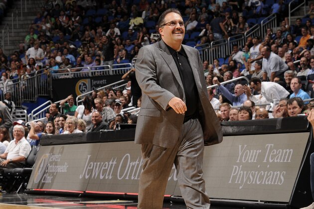 ORLANDO, FL - MARCH 21:  Stan Van Gundy of the Orlando Magic smiles as he walks back to the bench during the game against the Phoenix Suns on March 21, 2012 at Amway Center in Orlando, Florida. NOTE TO USER: User expressly acknowledges and agrees that, by downloading and or using this photograph, User is consenting to the terms and conditions of the Getty Images License Agreement. Mandatory Copyright Notice: Copyright 2012 NBAE  (Photo by Fernando Medina/NBAE via Getty Images)