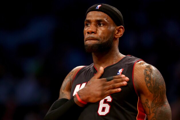 NEW YORK, NY - MAY 10:  LeBron James #6 of the Miami Heat celebrates in the first half against the Brooklyn Nets in Game Three of the Eastern Conference Semifinals during the 2014 NBA Playoffs at the Barclays Center on May 10, 2014 in the Brooklyn borough of New York City. NOTE TO USER: User expressly acknowledges and agrees that, by downloading and/or using this photograph, user is consenting to the terms and conditions of the Getty Images License Agreement.  (Photo by Elsa/Getty Images)
