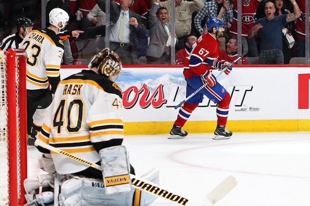 MONTREAL, QC - MAY 12: Max Pacioretty #67 of the Montreal Canadiens celebrates his second-period goal against the Boston Bruins in Game Six of the Second Round of the 2014 NHL Stanley Cup Playoffs at the Bell Centre on May 12, 2014 in Montreal, Quebec, Canada. (Photo by Francois Laplante/Freestyle Photography/Getty Images)