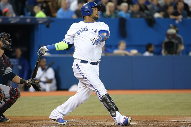 TORONTO, CANADA - MAY 13: Juan Francisco #47 of the Toronto Blue Jays hits a solo home run in the fifth inning during MLB game action against the Cleveland Indians on May 13, 2014 at Rogers Centre in Toronto, Ontario, Canada. (Photo by Tom Szczerbowski/Getty Images)