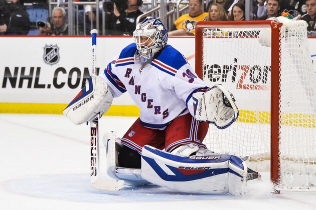 PITTSBURGH, PA - MAY 9:  Goaltender Henrik Lundqvist #30 of the New York Rangers defends the net against the Pittsburgh Penguins in Game Five of the Second Round of the 2014 NHL Stanley Cup Playoffs on May 9, 2014 at CONSOL Energy Center in Pittsburgh, Pennsylvania.  (Photo by Jamie Sabau/Getty Images)