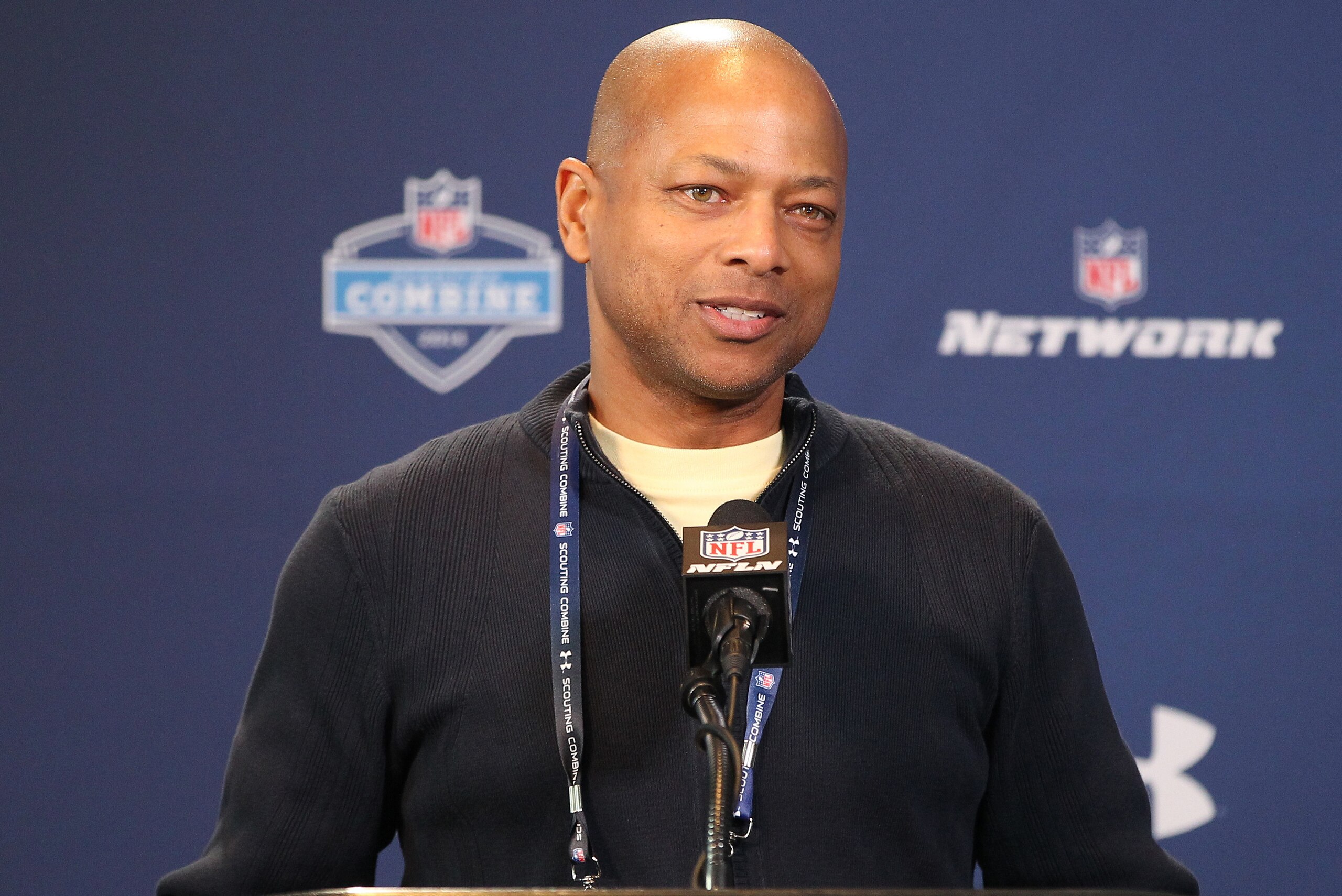 Feb 22, 2014; Indianapolis, IN, USA; New York Giants general manager Jerry Reese speaks at the NFL Combine  at Lucas Oil Stadium. Mandatory Credit: Pat Lovell-USA TODAY Sports
