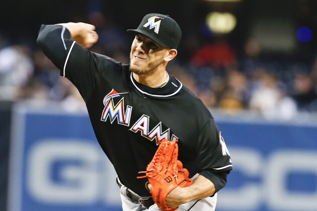Miami Marlins starting pitcher Jose Fernandez works the first inning against the San Diego Padres during a baseball game on Friday, May 9, 2014, in San Diego.  (AP Photo/Lenny Ignelzi)