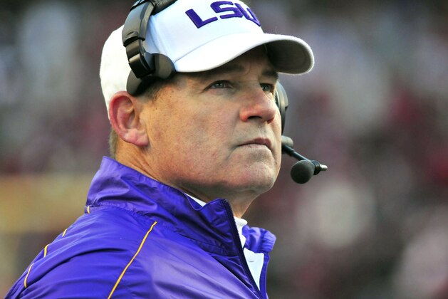 LSU coach Les Miles looks at the scoreboard during an NCAA college football game against Arkansas in Fayetteville, Ark., Friday, Nov. 23, 2012. LSU won 20-13. (AP Photo/April L. Brown)