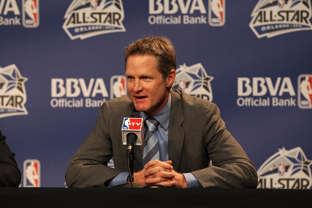 ORLANDO, FL - FEBRUARY 24:  Coach Steve Kerr of Team Shaq responds to reporters during a press conference prior to the BBVA Rising Stars Challenge as part of 2012 All-Star Weekend at the Amway Center on February 24, 2012 in Orlando, Florida. NOTE TO USER: User expressly acknowledges and agrees that, by downloading and/or using this photograph, user is consenting to the terms and conditions of the Getty Images License Agreement.  Mandatory Copyright Notice: Copyright 2012 NBAE (Photo by Gary Dineen/NBAE via Getty Images)