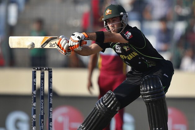 Australia's batsman Glenn Maxwell plays a shot during their ICC Twenty20 Cricket World Cup match against West Indies, in Dhaka, Bangladesh, Friday, March 28, 2014. (AP Photo/Aijaz Rahi)