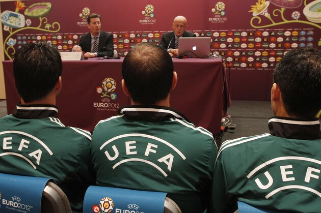 Italian head referee Pierluigi Collina, right facing, talks to the press during a referee workshop before the Euro 2012 tournament, in Warsaw, Poland, Wednesday, May 2, 2012. The championships, co-hosted by Poland and Ukraine will open in Warsaw on June 8. (AP Photo/Czarek Sokolowski)