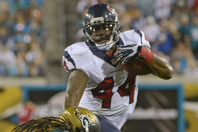 Houston Texans running back Ben Tate (44) makes a move to get around Jacksonville Jaguars defensive back Winston Guy during the first half of an NFL football game in Jacksonville, Fla., Thursday, Dec. 5, 2013.(AP Photo/Phelan M. Ebenhack)