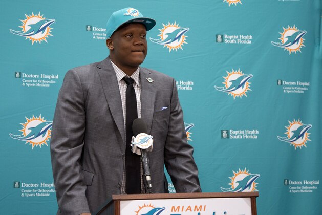 Miami Dolphins first round draft pick Ja'Wuan James speaks during an NFL football news conference Friday, May 9, 2014, in Davie, Fla. The Dolphins selected James, an offensive tackle from Tennessee, with the 19th overall pick in Thursday's draft. (AP Photo/J Pat Carter)