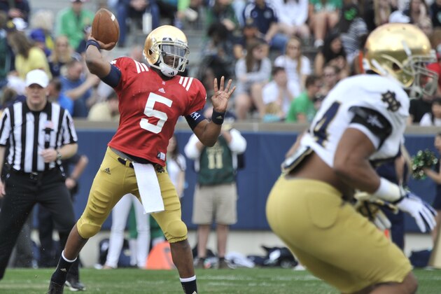 Notre Dame quarterback Everett Golson throws a pass during the Blue Gold game an  NCAA football game marking the end of spring practice at Notre Dame Stadium Saturday April 12, 2014 in South Bend, Ind. (AP Photo/Joe Raymond)