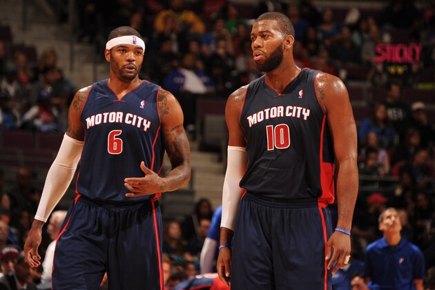AUBURN HILLS, MI - NOVEMBER 3: Josh Smith #6 talks to Greg Monroe #10 of the Detroit Pistons against the Boston Celtics  during the game on November 3, 2013 at The Palace of Auburn Hills in Auburn Hills, Michigan. NOTE TO USER: User expressly acknowledges and agrees that, by downloading and/or using this photograph, User is consenting to the terms and conditions of the Getty Images License Agreement.  Mandatory Copyright Notice: Copyright 2013 NBAE (Photo by Dan Lippitt/NBAE via Getty Images)