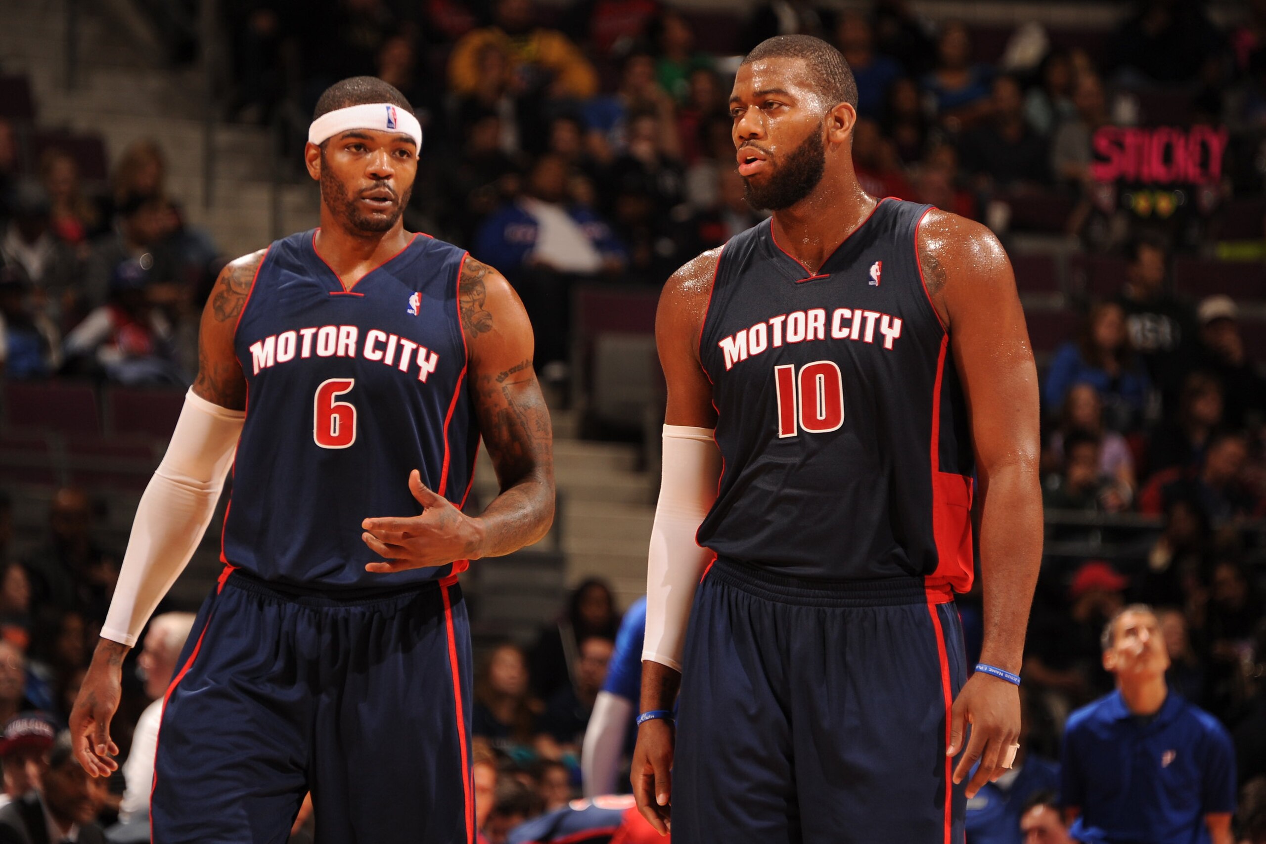 AUBURN HILLS, MI - NOVEMBER 3: Josh Smith #6 talks to Greg Monroe #10 of the Detroit Pistons against the Boston Celtics during the game on November 3, 2013 at The Palace of Auburn Hills in Auburn Hills, Michigan. NOTE TO USER: User expressly acknowledges and agrees that, by downloading and/or using this photograph, User is consenting to the terms and conditions of the Getty Images License Agreement. Mandatory Copyright Notice: Copyright 2013 NBAE (Photo by Dan Lippitt/NBAE via Getty Images) AUBURN HILLS, MI - NOVEMBER 3: Josh Smith #6 talks to Greg Monroe #10 of the Detroit Pistons against the Boston Celtics during the game on November 3, 2013 at The Palace of Auburn Hills in Auburn Hills, Michigan. NOTE TO USER: User expressly acknowledges and agrees that, by downloading and/or using this photograph, User is consenting to the terms and conditions of the Getty Images License Agreement. Mandatory Copyright Notice: Copyright 2013 NBAE (Photo by Dan Lippitt/NBAE via Getty Images)