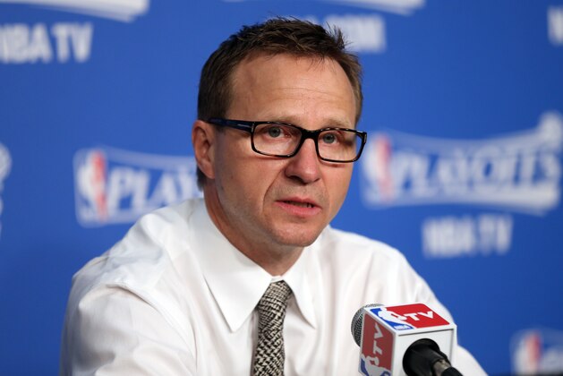 OKLAHOMA CITY, OK - MAY 13:  Scott Brooks head coach of the Oklahoma City Thunder addresses the media after the game against the Los Angeles Clippers in Game Five of the Western Conference Semifinals during the 2014 NBA Playoffs on May 13, 2014 at the Chesapeake Energy Arena in Oklahoma City, Oklahoma. NOTE TO USER: User expressly acknowledges and agrees that, by downloading and or using this Photograph, user is consenting to the terms and conditions of the Getty Images License Agreement. Mandatory Copyright Notice: Copyright 2014 NBAE (Photo by Layne Murdoch/NBAE via Getty Images)
