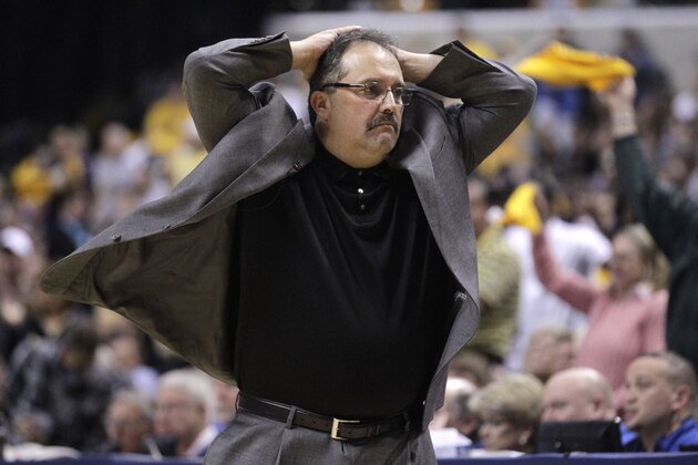 Orlando Magic head coach Stan Van Gundy in the second half of an NBA first-round playoff basketball game against the Indiana Pacers in Indianapolis, Saturday, April 28, 2012. The Magic defeated the Pacers 81-77. (AP Photo/Michael Conroy)