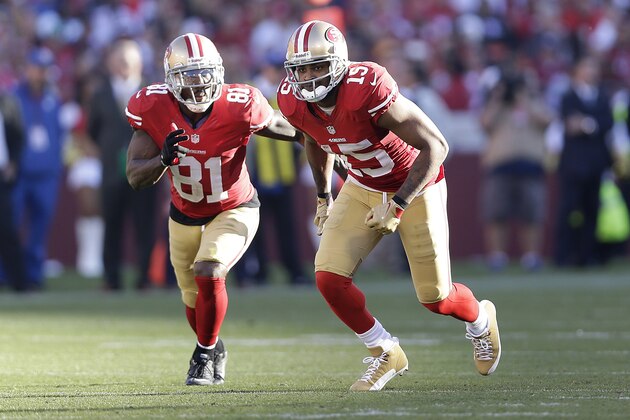 San Francisco 49ers wide receiver Anquan Boldin (81) and wide receiver Michael Crabtree (15) against the St. Louis Rams during the second half of an NFL football game in San Francisco, Sunday, Dec. 1, 2013. (AP Photo/Marcio Jose Sanchez)
