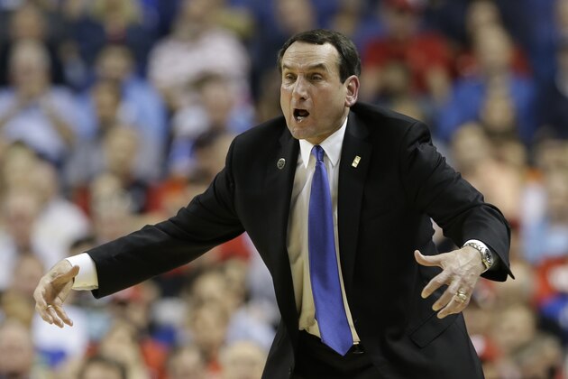 Duke head coach Mike Krzyzewski reacts to a call during the second half of an NCAA college basketball game against North Carolina State in the semifinals of the Atlantic Coast Conference tournament in Greensboro, N.C., Saturday, March 15, 2014.  Duke won 75-67.(AP Photo/Gerry Broome)