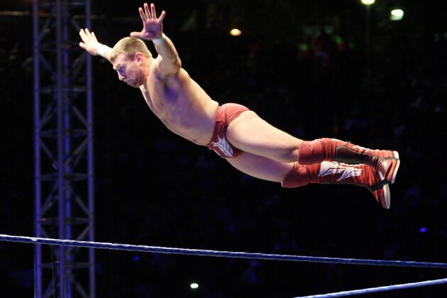 DURBAN, SOUTH AFRICA - JULY 08:  WWE Superstar Daniel Bryan flys off the ropes during the WWE Smackdown Live Tour at Westridge Park Tennis Stadium on July 08, 2011 in Durban, South Africa.  (Photo by Steve Haag/Gallo Images/Getty Images)
