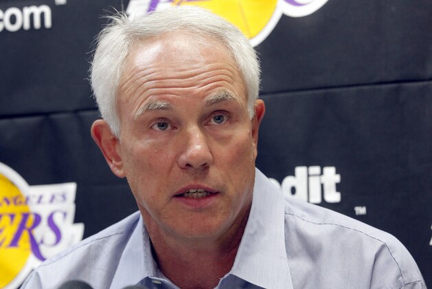 Mitch Kupchak, Los Angeles Lakers general manager, speaks to reporers about the upcoming season, Wednesday Sept. 25, 2013, in El Segundo, Calif. Kupchak says Kobe Bryant was at the NBA basketball team's training complex almost every morning this summer, working aggressively to return from surgery on his torn left Achilles' tendon. (AP Photo/Nick Ut)