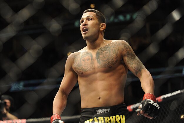 Jan 26, 2013; Chicago, IL, USA;  Anthony Pettis celebrates after defeating Donald Cerrone (not pictured) during UFC on FOX 6 at the United Center.  Mandatory Credit: David Banks-USA TODAY Sports