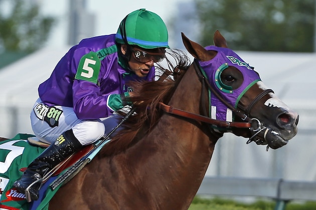 FILE - In this May 3, 2014, file photo, jockey Victor Espinoza rides California Chrome to win the 140th running of the Kentucky Derby horse race at Churchill Downs in Louisville, Ky. The California colt will be running in the Preakness with a bulls-eye on his back as perhaps racing's next superstar. He figures to face eight or nine rivals in the middle leg of the Triple Crown series, and one of them might be a filly.  (AP Photo/Matt Slocum, File)