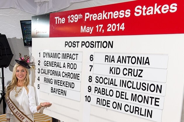 Ms Racing Queen Linsey Toole shows the board with post positions drawn Wednesday May 14, 2014,  in Baltimore, Md.,  for the Preakness Stakes.  Kentucky Derby winner California Chrome is in post position No. 3 for the 139th Preakness Stakes on Saturday, May 17.   (AP Photo/Jerry Dzierwinski)