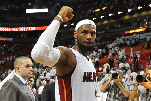 May 14, 2014; Miami, FL, USA; Miami Heat forward LeBron James (6) reacts after defeating the Brooklyn Nets 96-94 in game five of the second round of the 2014 NBA Playoffs at American Airlines Arena.   Mandatory Credit: Steve Mitchell-USA TODAY Sports
