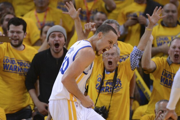Apr 27, 2014; Oakland, CA, USA; Golden State Warriors guard Stephen Curry (30) celebrates after blocking the shot of Los Angeles Clippers guard J.J. Redick (4, not pictured) during the fourth quarter in game four of the first round of the 2014 NBA Playoffs at Oracle Arena. The Warriors defeated the Clippers 118-97.  Mandatory Credit: Kyle Terada-USA TODAY Sports