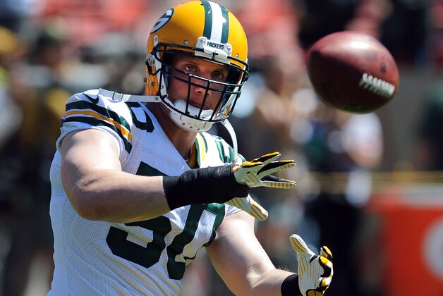 Green Bay Packers linebacker (50) A.J. Hawk during pre-game before a game against the San Francisco 49ers played at Candlestick Park in San Francisco on Sunday, September 8, 2013. (AP Photo/John Cordes)