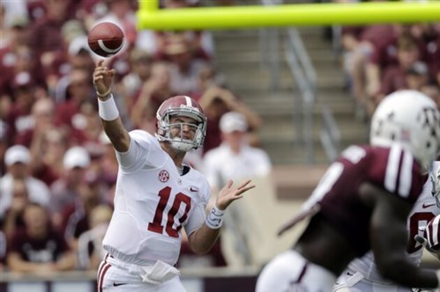 FILE - In this Sept. 14, 2013, file photo, Alabama quarterback AJ McCarron (10) throws a pass against Texas A&M during the second quarter of an NCAA college football game in College Station, Texas. McCarron was selected by the Cincinnati Bengals in the fifth round, 164th overall, in the 2014 NFL Draft on Saturday, May 10, 2014.(AP Photo/David J. Phillip)