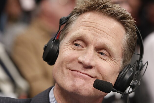 TNT commentator and former Chicago Bulls and San Antonio Spurs guard Steve Kerr broadcasts courtside for Game 4 of an NBA basketball first-round playoff series between the Toronto Raptors and the Brooklyn Nets at the Barclays Center, Sunday, April 27, 2014, in New York.  New York Knicks President Phil Jackson told reporters he interviewed Kerr for the vacant  New York Knicks coaching position. (AP Photo/Kathy Willens)