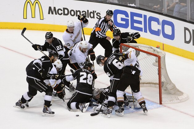 LOS ANGELES, CA - MAY 14:  Goalie Jonathan Quick #32 of the Los Angeles Kings defends the goal late in the third period against the Anaheim Ducks in Game Six of the Second Round of the 2014 Stanley Cup Playoffs at Staples Center on May 14, 2014 in Los Angeles, California. (Photo by Andrew D. Bernstein/NHLI via Getty Images)